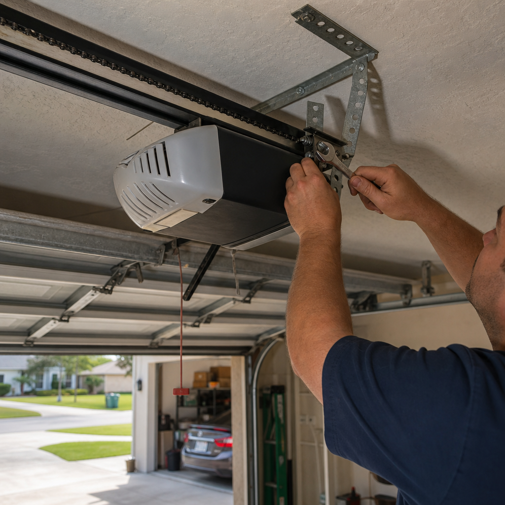 Professional adjusting a garage door opener