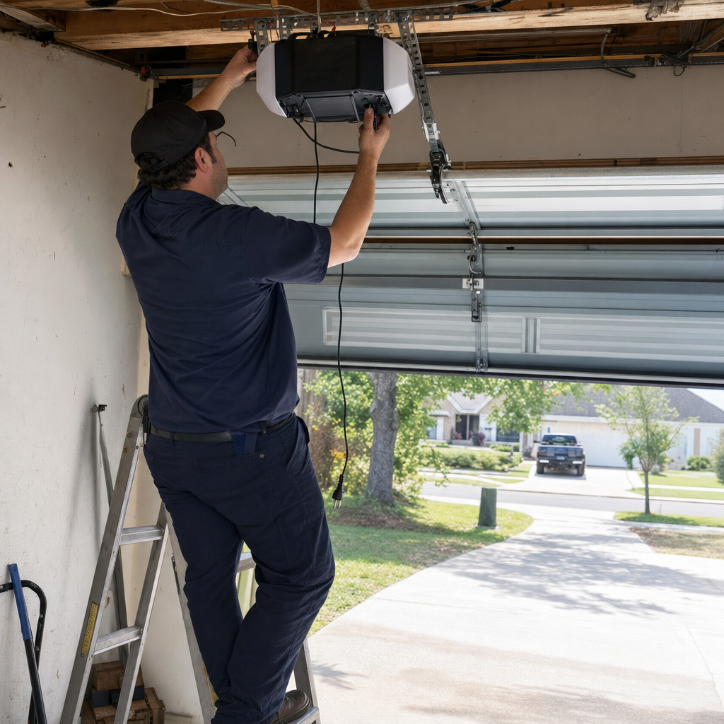 Technician installing garage door opener mechanism on a ladder