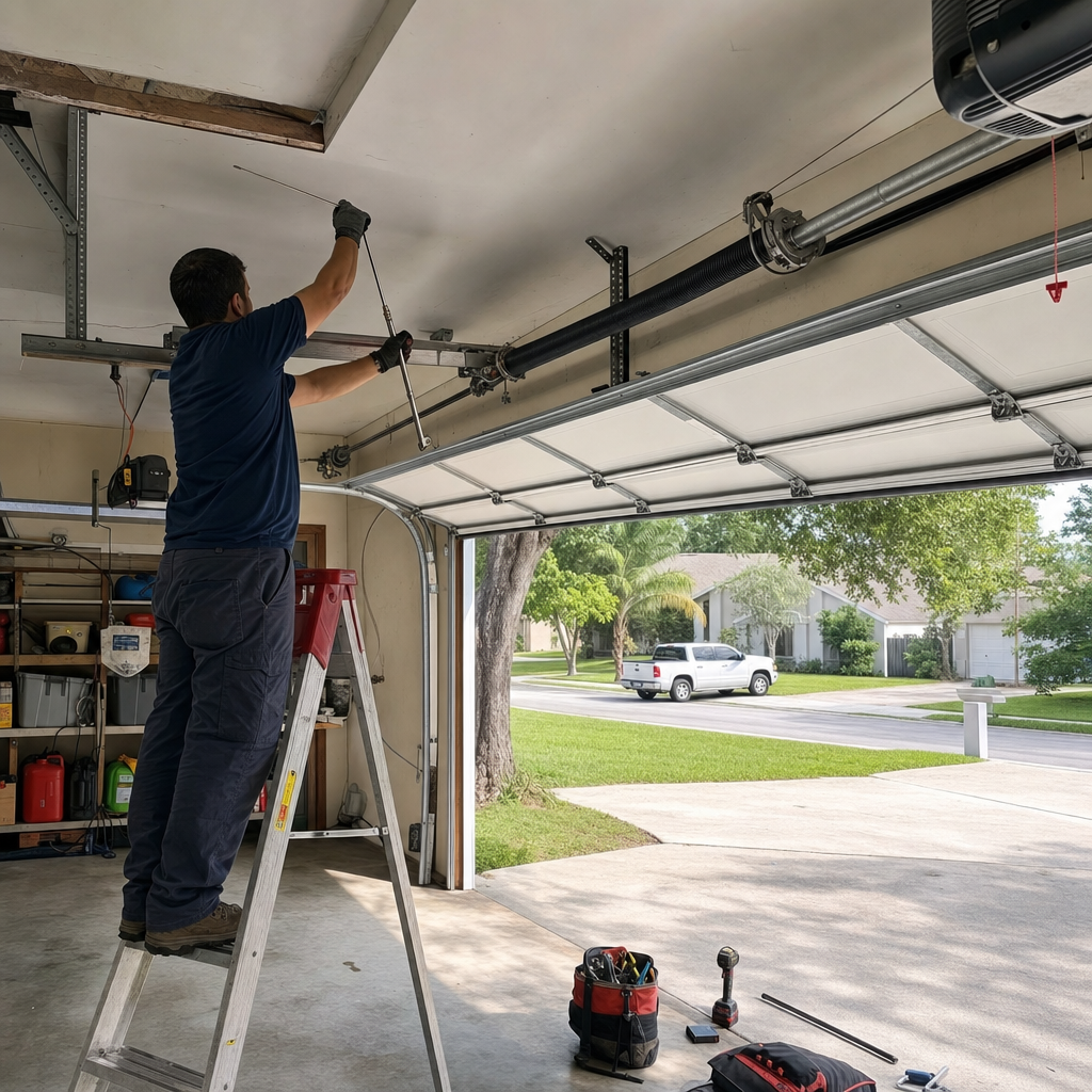 Garage door spring repair by a professional technician on a ladder.
