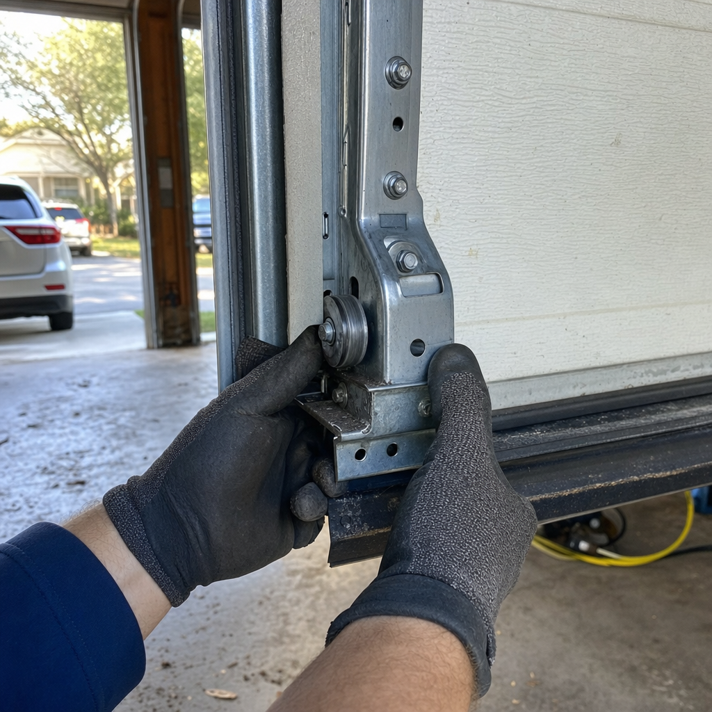 Professional performs emergency garage door repair on track roller. in Brookhaven, GA