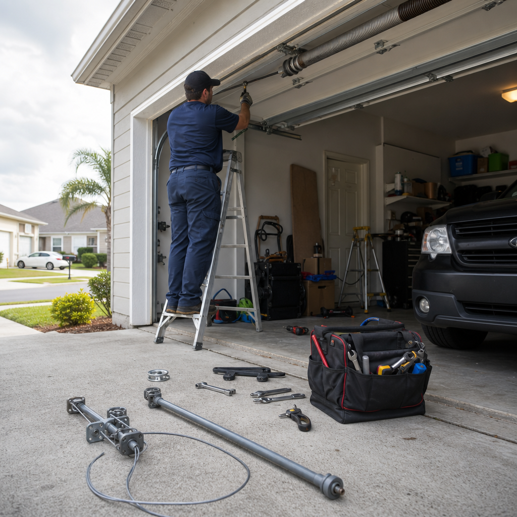 Garage door technician performing emergency garage door repair on a ladder. in Brookhaven, GA