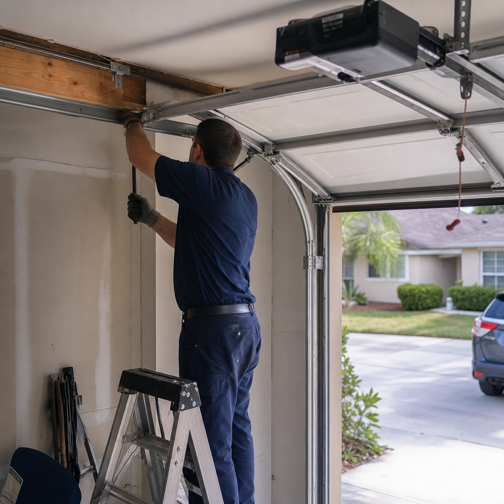 Technician repairs garage door opener from ladder emergency service in North Atlanta, FL