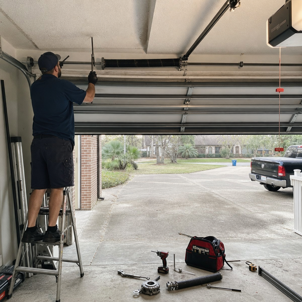 Technician replacing garage door springs with tools and parts on the floor. in Jacksonville, FL