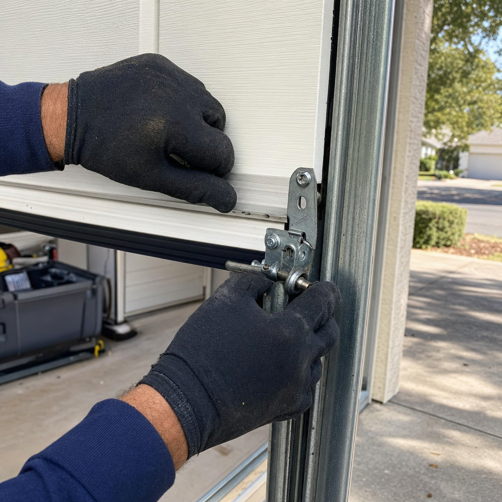 Technician working on garage door parts, tightening hinge bolt. in Jacksonville, FL